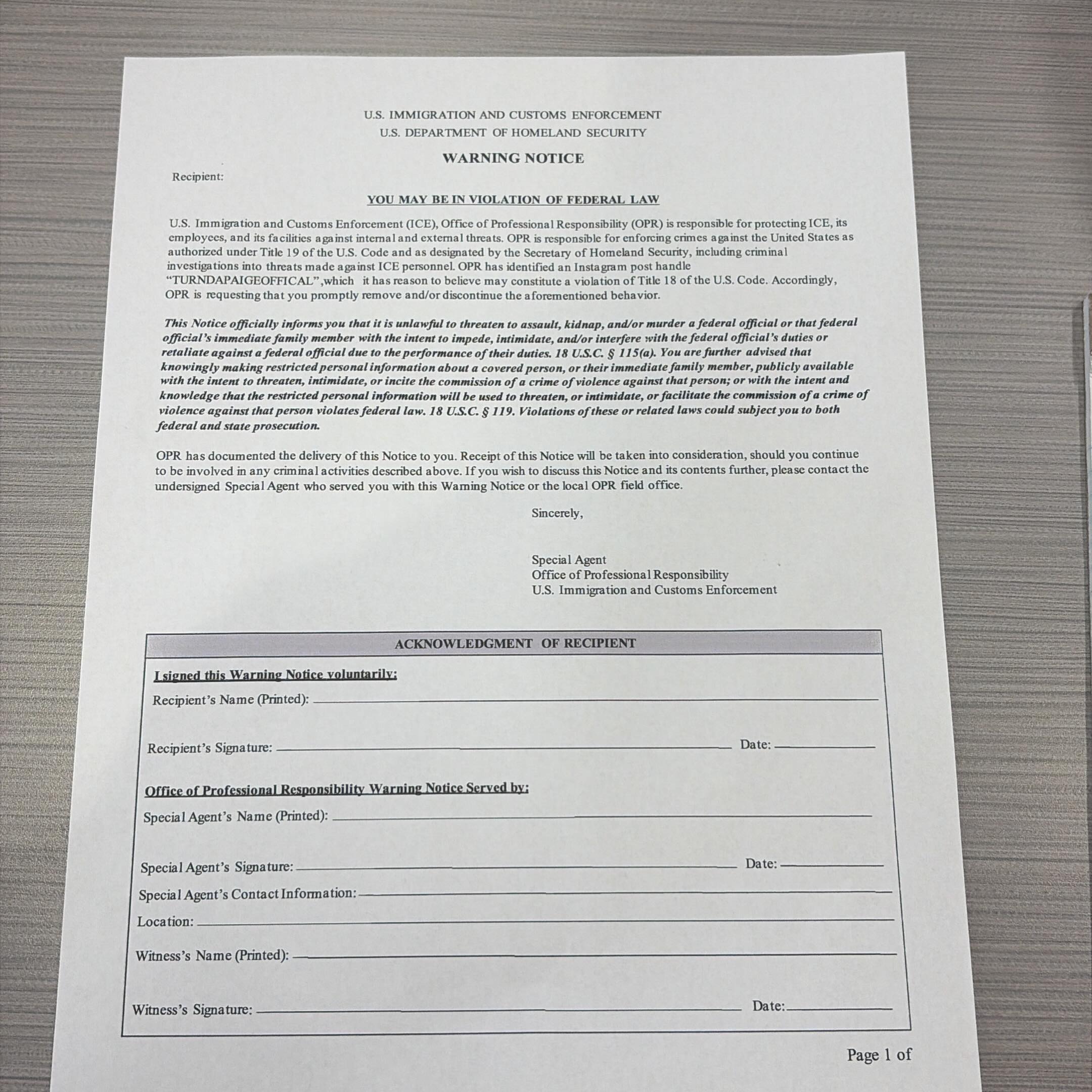 ICE OPR Warning Notice presented to Paigelynne Gonyea